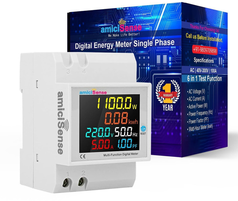 amiciSense 6 in 1 AC 40-300V 100A Energy Meter, Frequency Active Power Factor Current Ampere Voltage Monitoring Device with Colorful LCD Display Voltmeter(Digital)
