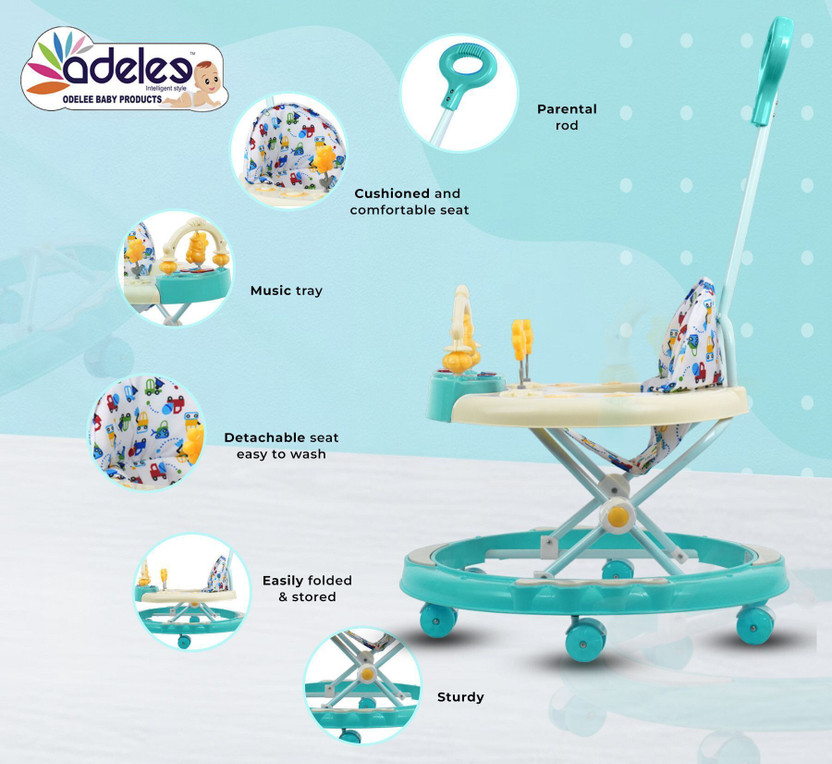 ODELEE Musical Activity Walker With Parent Rod(Green, Beige)