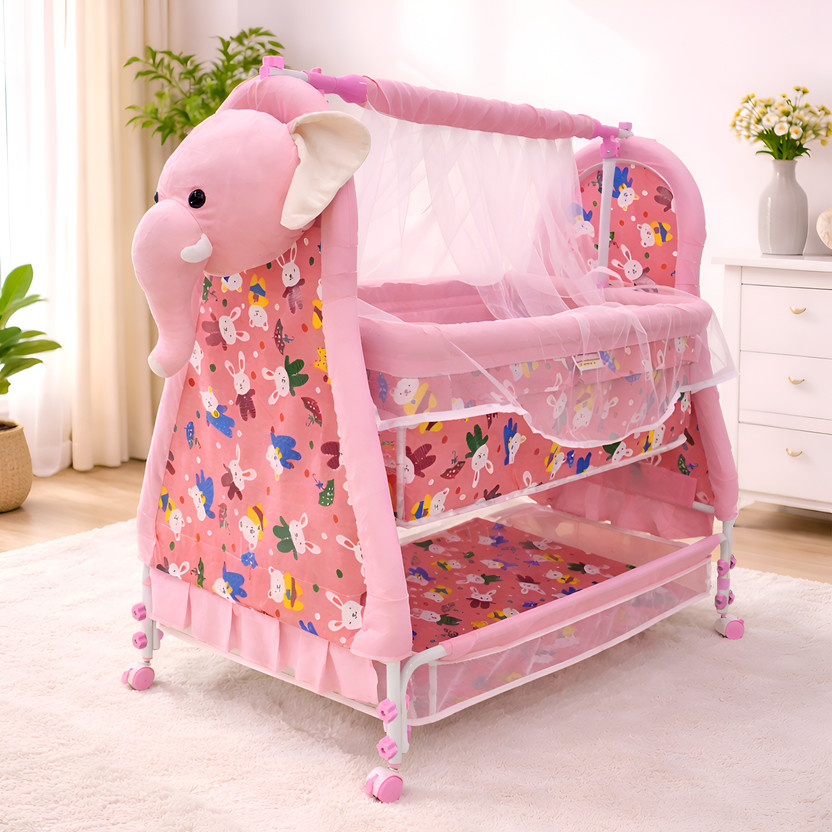 Pandaoriginals BEST QUALITY BABY CRADLE|SOFT CUSHION Baby Jhula,Baby Paalna with Canopy Newborn Baby LittleNest Bassinet Cradle with Mosquito Net-Canopy And Wheels Recommened For Cradle For Baby With Net And Swing kids Cradle Baby Cradle Mosquito Net Cradle baby cradle jhula swing Cute Elephant Face