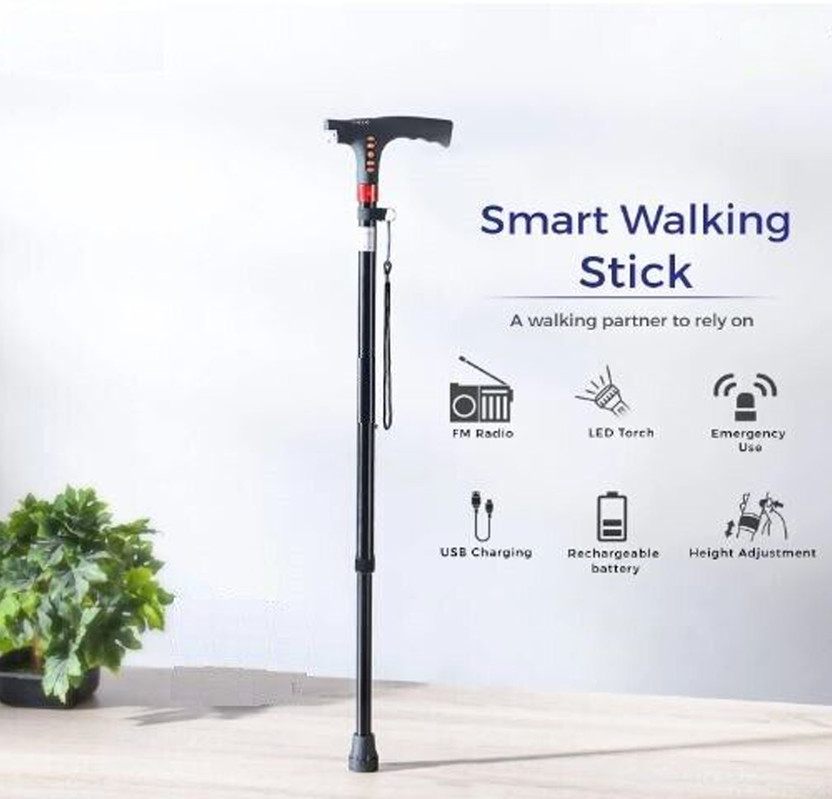 SWADESI BY MCP Walking Stick With FM Radio Fall Alarm, LED Light & USB Charge Stick for Old Age Walking Stick