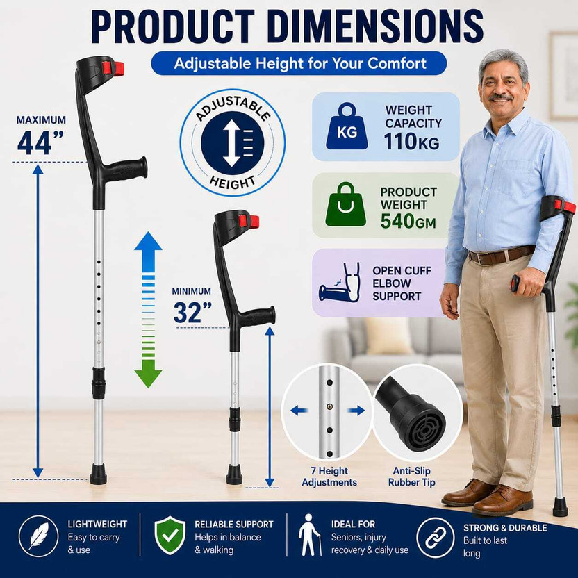 JD MEDAUTO SOLUTIONS Aluminium Elbow Crutch for Elderly, Disabled & Injury Recovery,Adjustable, black Walking Stick