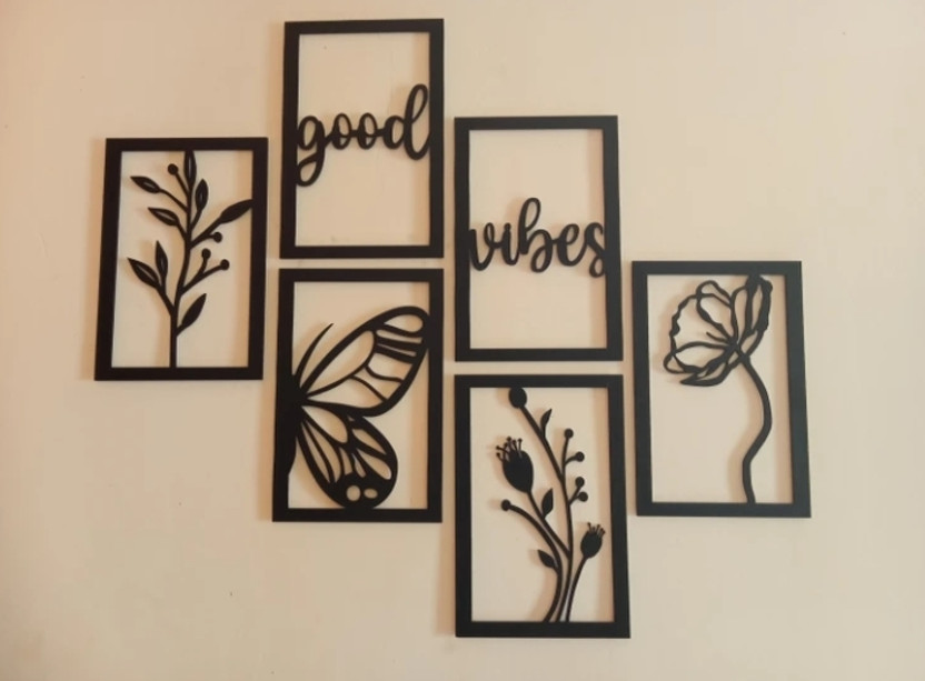 A3 BOX Wooden Wall Home Decor Hangings Living Room, Bedroom, Kitchen, Office Pack of 6(Black)