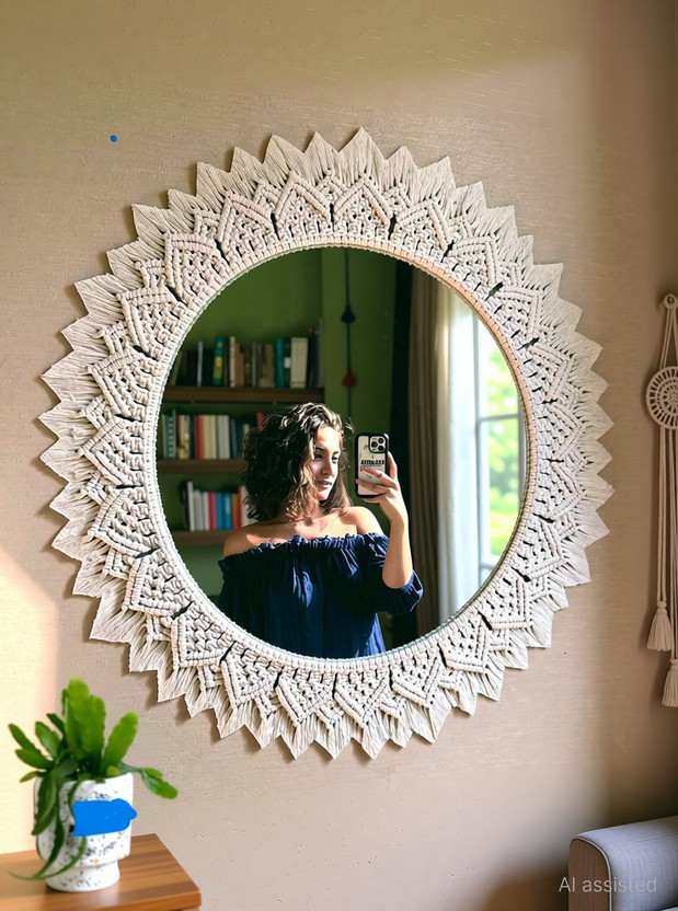 RAKANO Macrame Hanging Wall Mirror with Macrame Round Mirror Art Boho Decor(40 cm X 40 cm, OFF WHITE)