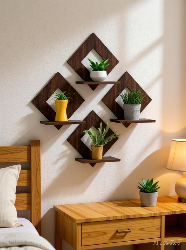 Unnati times Square wall hanging Wall Shelf (Number of Shelves - 4) Pack of 4(20 cm X 20 cm, Brown)