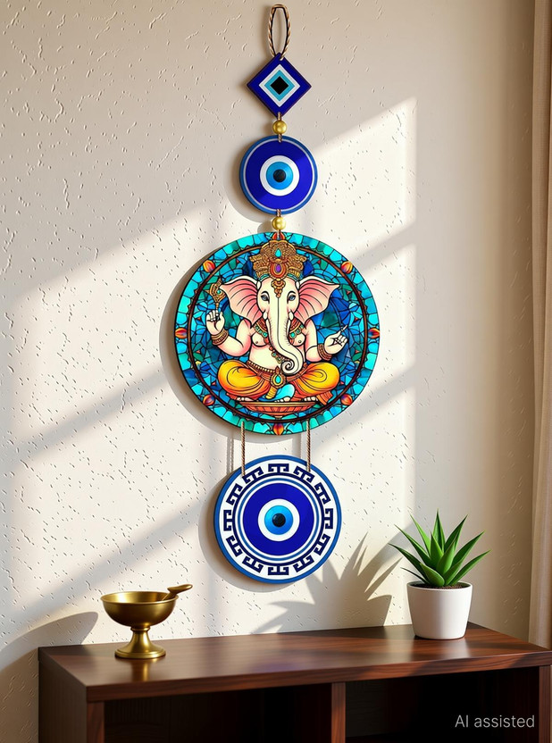 Decor Smart Lord Ganesha Evil Eye Wooden Wall Hanging | Spiritual Home Decor (DWA_8510)(51 cm X 16.5 cm, Multicolor)