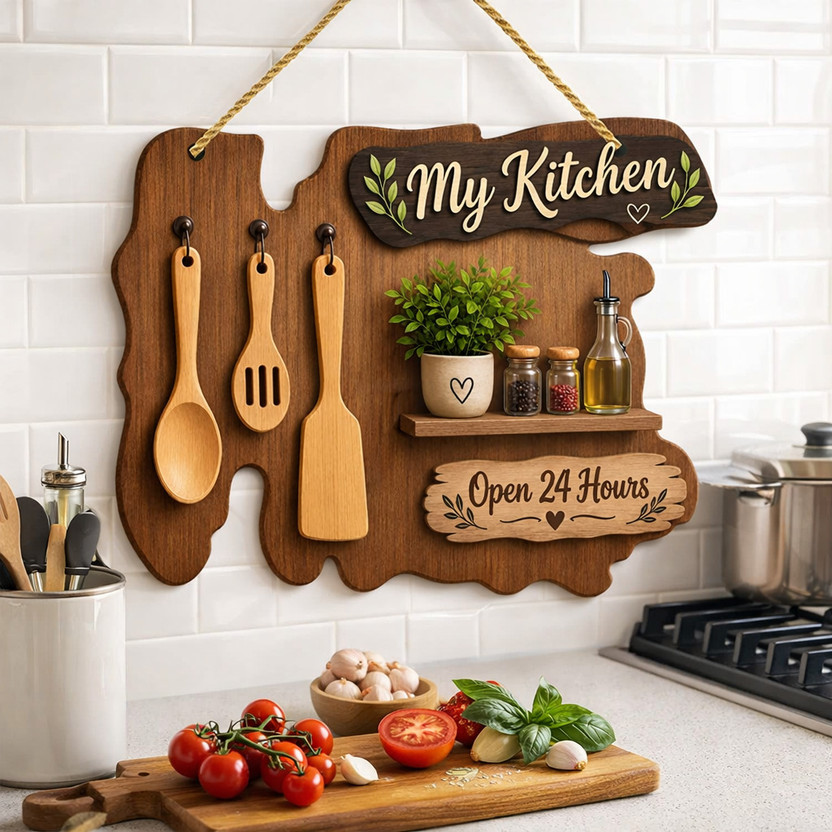 TRANDORA TRANDORA Wooden My Kitchen Wall Hanging with Shelf & Hooks | Kitchen Wall Decor for Home(9 inch X 12 inch, Multicolor) - Flipkart Deal