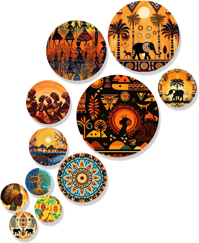 KARNI ART African Tribal Art Wall Hanging,Wooden Round Wall Decor for Living Room, Bedro Pack of 11(20 cm X 20 cm, Multicolor)