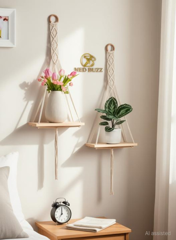 GULLAK Macrame Decor Wood Floating Boho Bohemian Decor(black3tire)