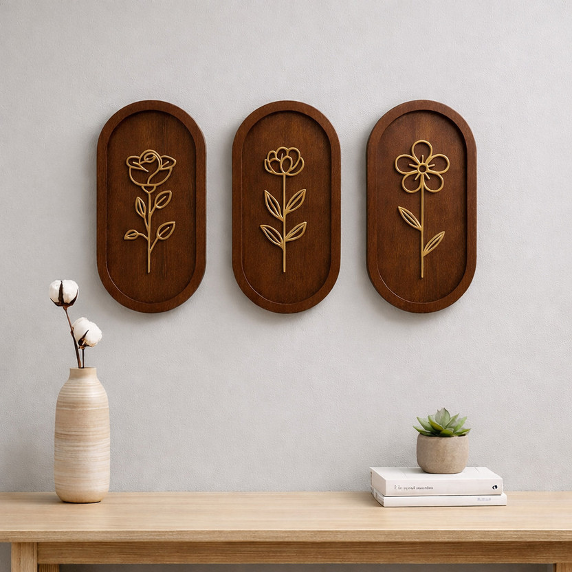 SORT & FILTER Wooden Floral Wall Art Set | Modern Wall Decor for Living Room, Bedroom & Office Pack of 3(5 inch X 11 inch, Brown)