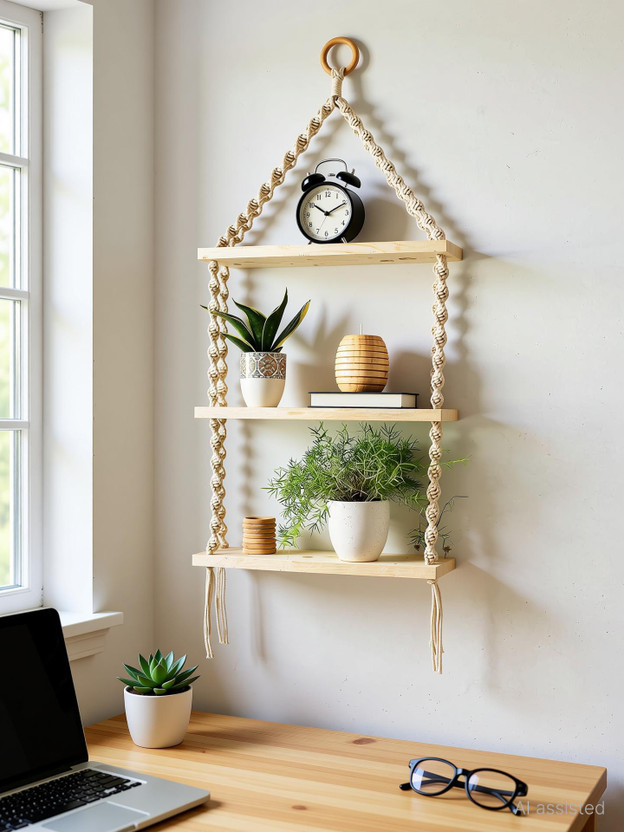 Mpire Macrame Indoor Wall Hanging Shelf for Plants with Cotton Cord Wooden Ring(105 cm X 40 cm, Off-white 3 Layer)