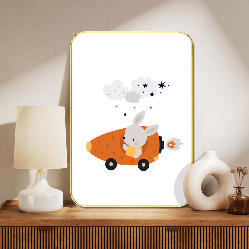 SAF PRINT Cute Bunny in Carrot Rocket Wall Art | Framed Cartoon Painting for Kids Room(19.5 inch X 13.5 inch, Violet)