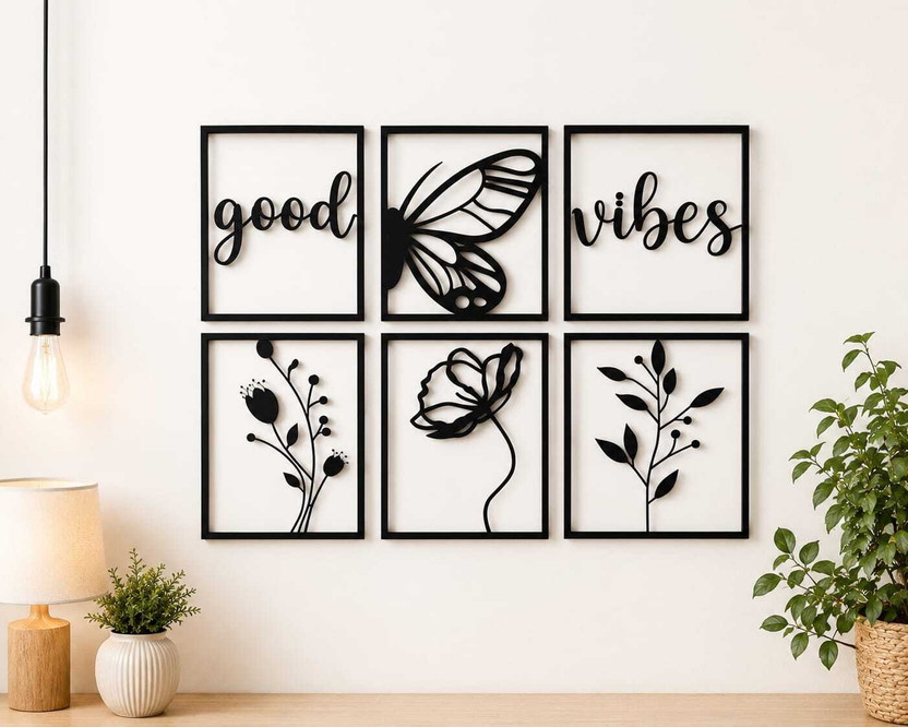 YADAVNAKSH Good Vibes Metal Wall Art Set for Living Room Bedroom Home Decor Pack of 6(Black)