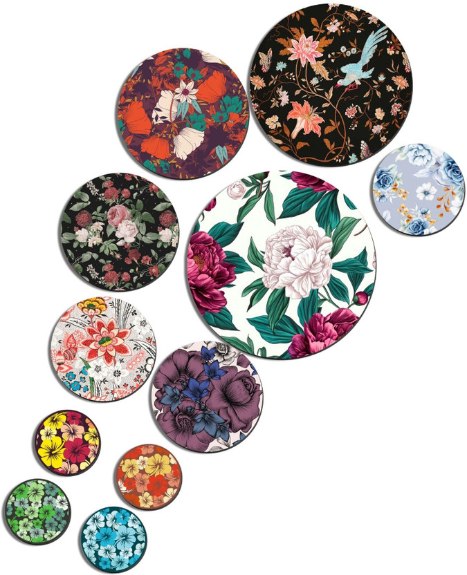 KARNI CRAFT Floral Wall Art Round Wall Decor for Living Room, Bedroom & Office Wall Pack of 11(7.5 inch X 7.5 inch, Multicolor)