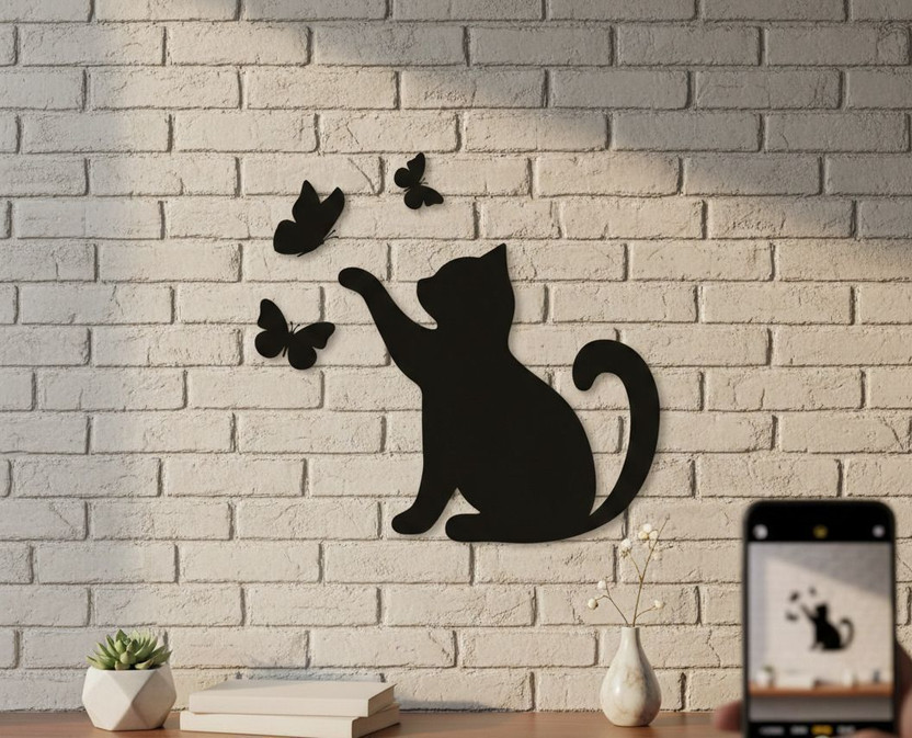 Khareed Ke Dekho Cute Cat MDF Wall Art with Butterflies | Modern MDF Wall Decor for Home(20 cm X 18 cm, Black)