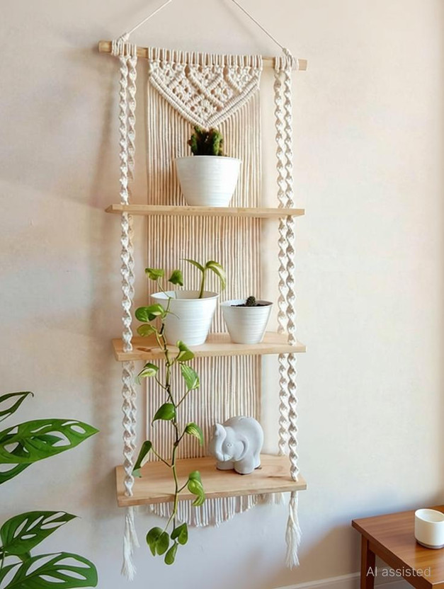 ZAWI Macramé Wooden Wall Hanging Shelf Modern Chic Woven Macrame Tapestries, Wall Art(70 cm X 30 cm, OFF WHITE)