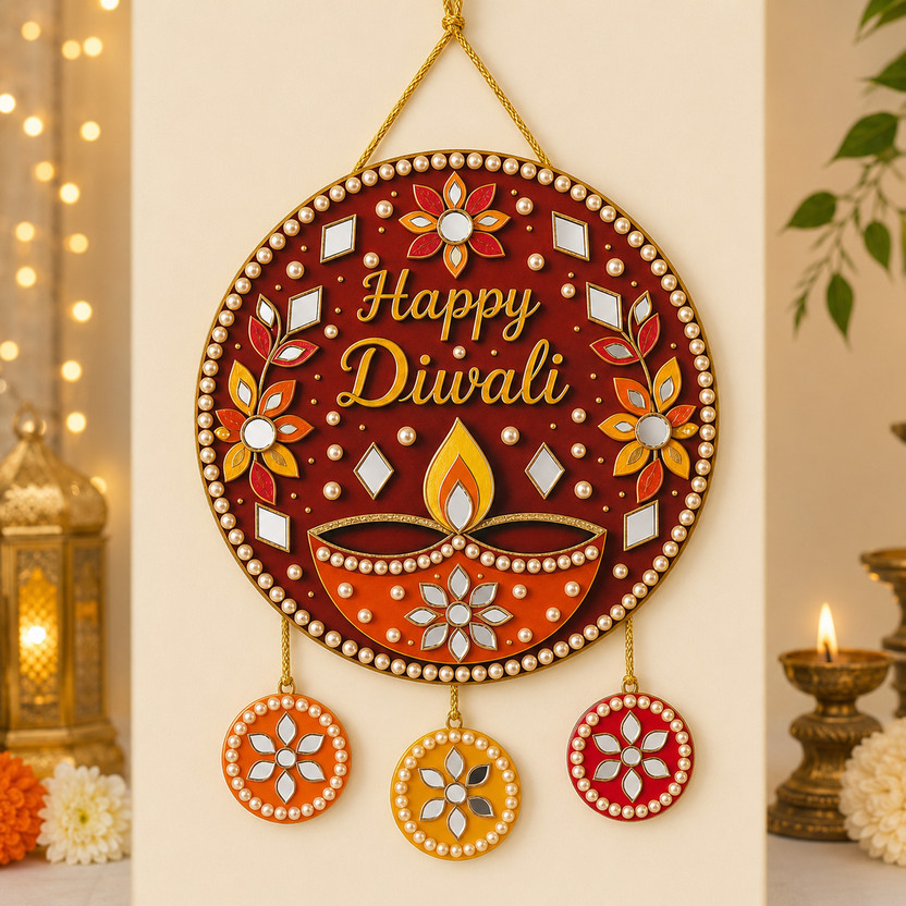 Harmoso Happy Diwali Lotus Wall Hanging(8 inch X 10 inch, Red)