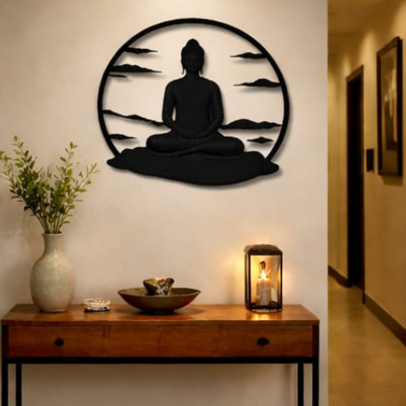 AkritiAura Zen Buddha Wooden Wall Art 12x12 Inch | Peace Home Decor(0.4 cm X 12 inch, Black)