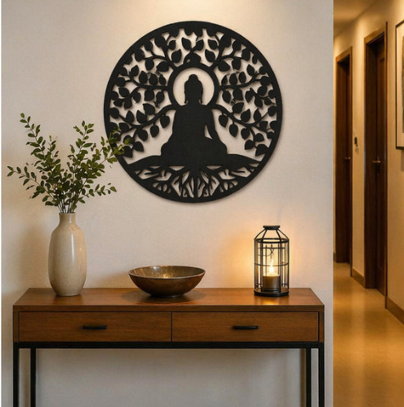 AkritiAura Buddha Meditation Wooden Wall Art 12x12 Inch | Spiritual Home Decor(0.4 cm X 12 inch, Black)