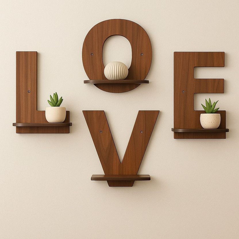 Craftzo LOVE Wooden Wall Shelves | Floating Decorative Shelves for Home Decor Pack of 4(19.5 cm X 23.75 cm, WoodBrown-05)