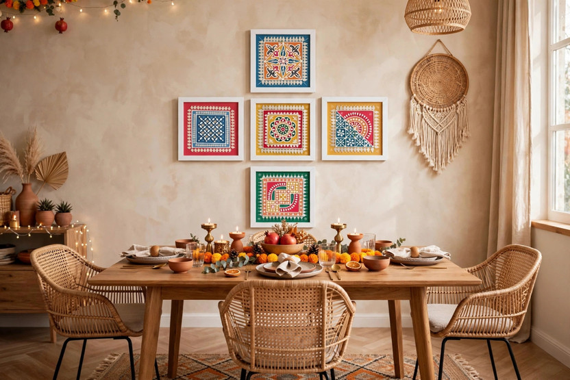 URA Wall decor frame with traditional lippan art Pack of 5(8 inch X 8 inch, Multicolor)