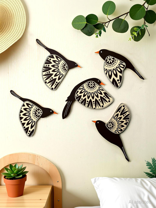 shashank Wooden 3D 5 Pieces Birds on Rope Wall Art Panel, Wood Bird Folk Art Wall Hanging(Black)