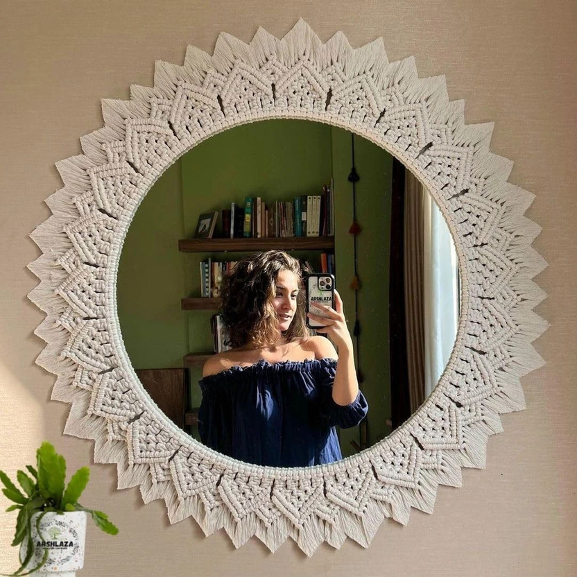 Nida Handicraft Macrame wall Hanging mirror Home Decor, Boho Round Mirror.(40 cm X 40 cm, OFF WHITE)