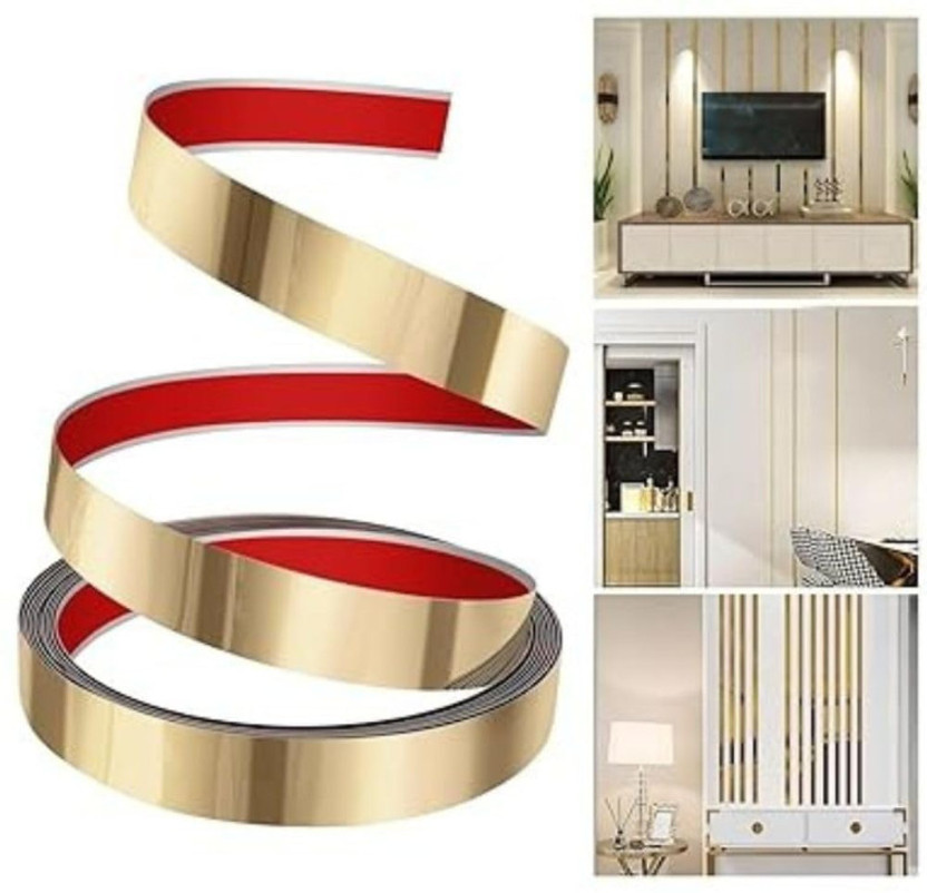Lumora Metal Trim Wall Strip Stainless Steel (2 CM*5 METER) Peel and Stick/Self-adhesive/Wall trim/ molding/ wall decoration (Manual)(Set of 1, Golden)