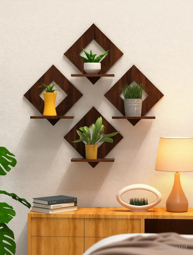 KESHARJI Wooden Square Shaped Multipurpose Wall hanging / Decor Stand / Flower Pot Stand Pack of 4(20 cm X 20 cm, Brown)