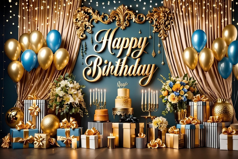 KUSH KUSH Luxury Blue & Gold Happy Birthday Party Backdrop with Balloons, Curtains(60 inch X 86 inch, Multicolor) - Flipkart Deal