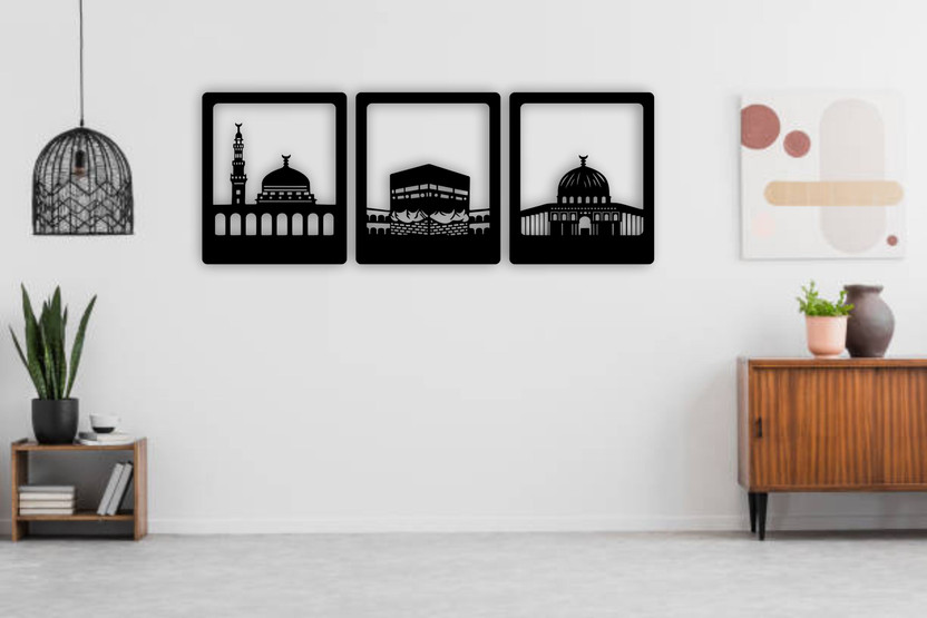 Sairaartandcraft Islamic Makka Madina And Jerusalem Wall Decor, Arabic Calligraphy, Home Decor Decorative Showpiece  -  30 cm(Wood, Black, Black)