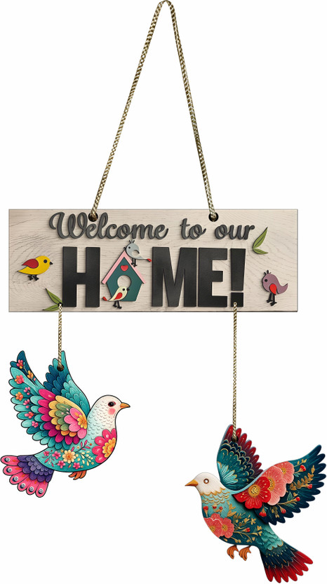 Harmoso Decorative MDF Welcome to Our Home Wall Hanging with Colorful Birds(25 cm X 25 cm, Pink)