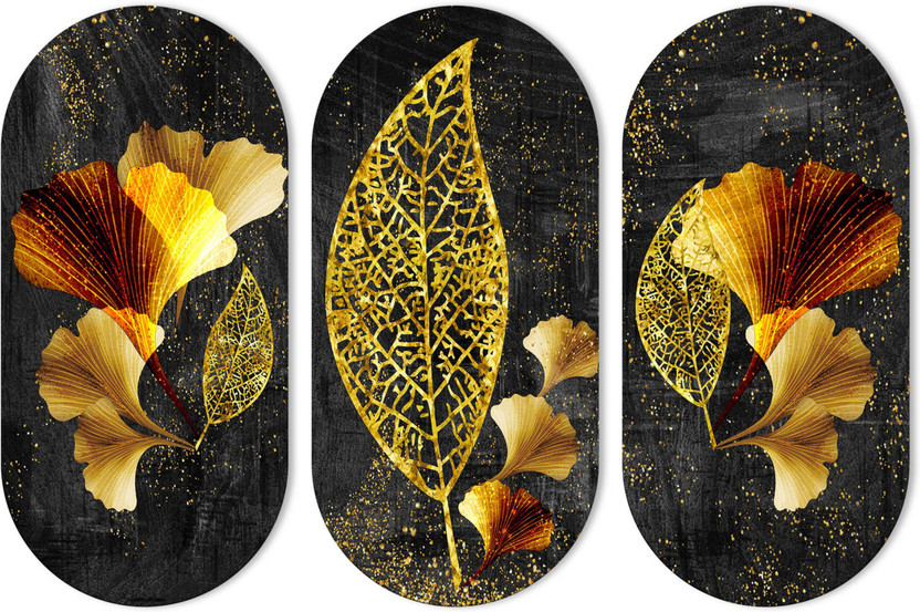 ShyamsStores Glitter Leaf 3 Set Decorative Painting For Home Decor And Living Room Pack of 3(29.21 cm X 43.18 cm, Black)