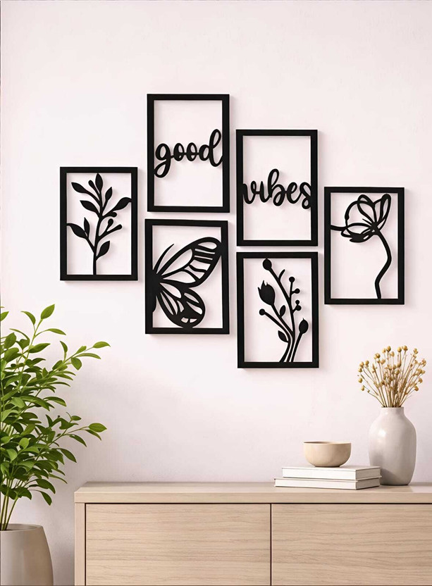 LRWOODEN Good Vibes Floral & Butterfly Wall Frame Set of 6 Pack of 6(Black)