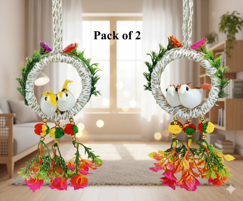 HUBBER Artificial Hanging Flower Birds For Home & Office Decoration Pack of 2(22 inch X 9 inch, orange Rose)