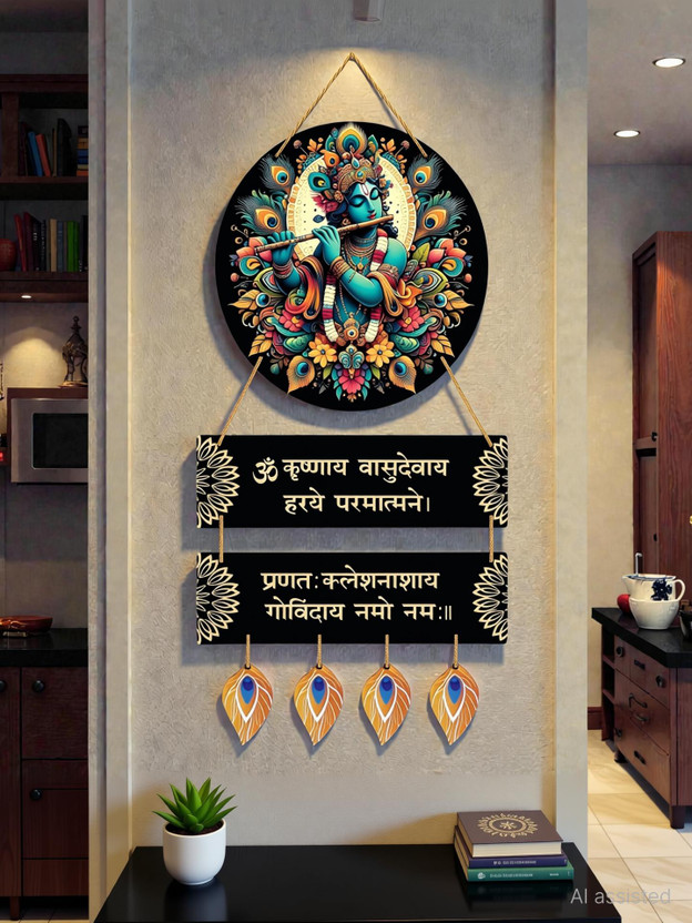 prime facie Lord Krishna Wall Hanging MDF Krishna Home Décor for Pooja Room, Living Room(40 cm X 20 cm, Multicolor)