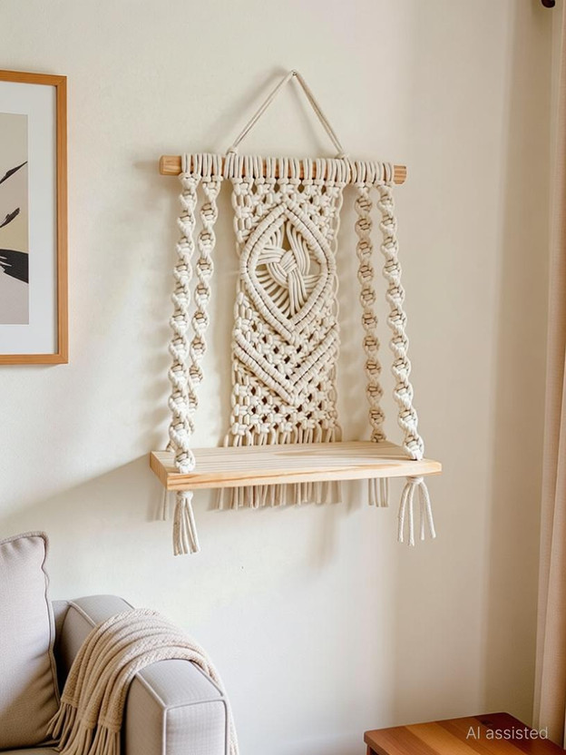 RAKANO Macrame Wall Hanging Shelf Indoor Boho Wall Decor for Bedroom,(MADE IN INDIA)(60 cm X 30.5 cm, OFF WHITE)