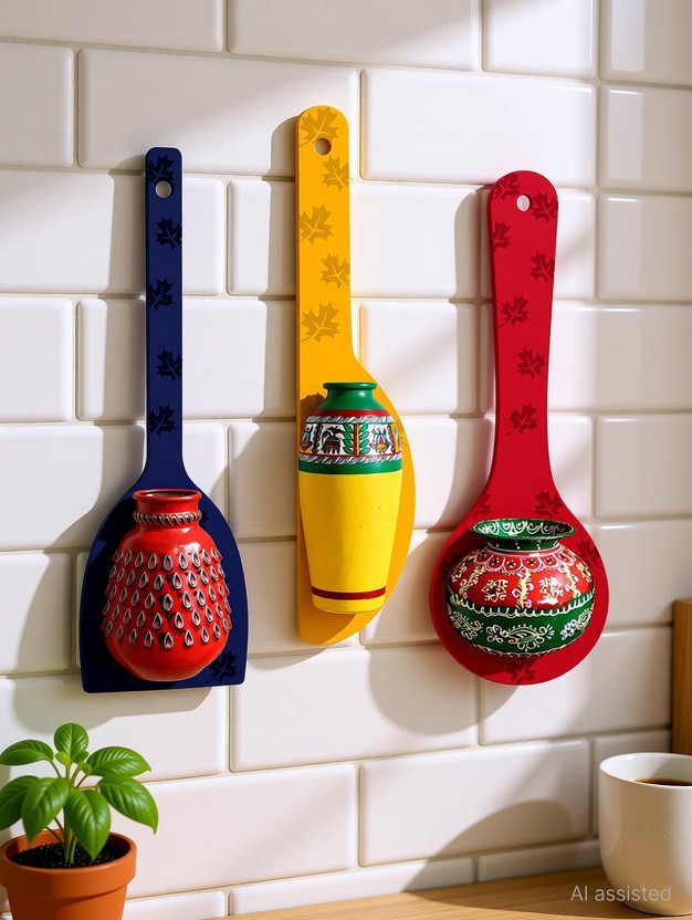 Decor Smart Traditional Wooden Spoon Wall Hanging | Kitchen Decorative Home Decor (DWA_5013) Pack of 3(43 cm X 38 cm, Multi 201)