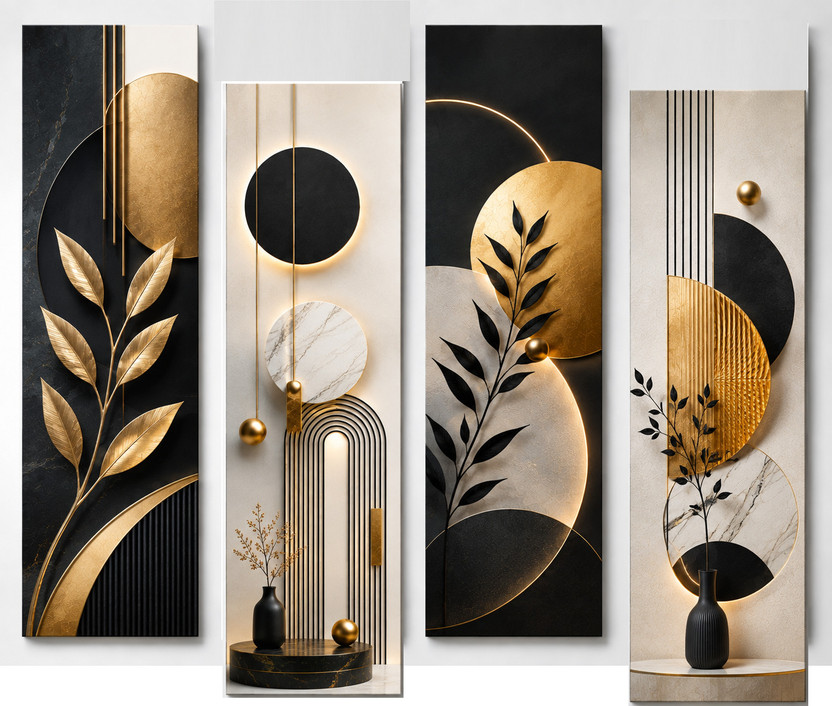 SNDArt Modern Art Flower Wall Decor Gift Items For Living Room Pack of 4(12 inch X 18 inch, golden black)