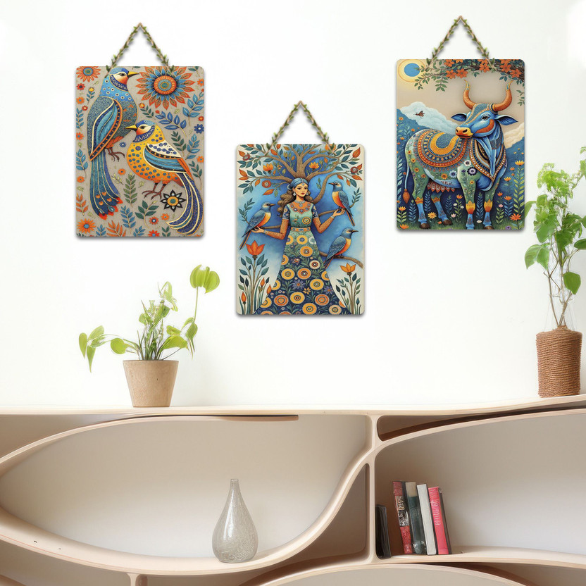 Shree Creation Sacred Nature & Girl With Birds Cow Art Decorative Wall Hanging Pack of 3(15 inch X 10 inch, Multicolor)
