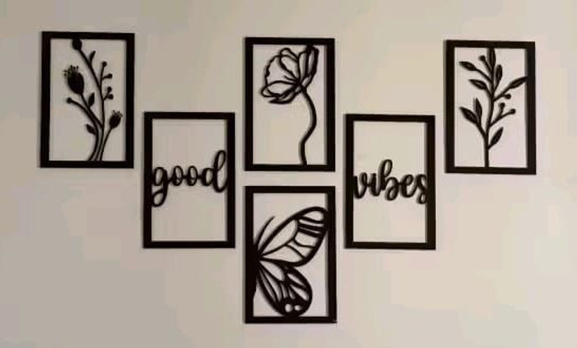 A3 BOX Wooden Wall Decor Hangings Living Room, Bedroom, Kitchen, Office Pack of 6(20 cm, Black)