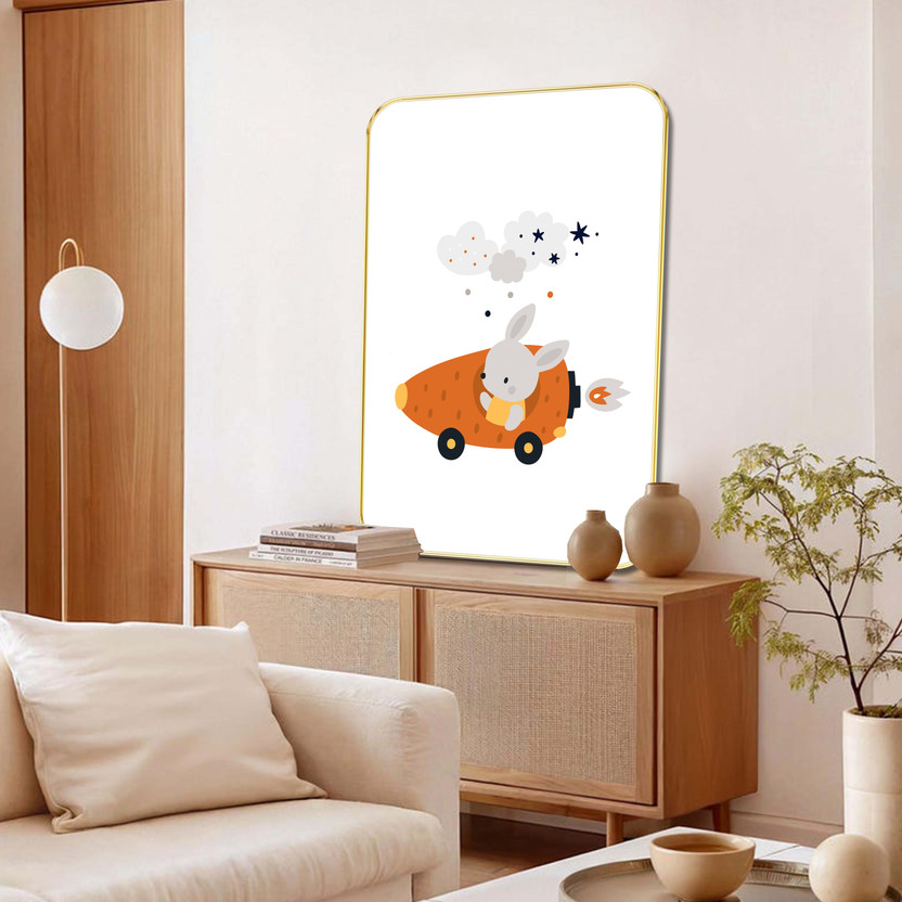 SAF PRINT Cute Bunny in Carrot Rocket Wall Decor | Framed Cartoon Art for Kids Room(24 inch X 18 inch, Violet)
