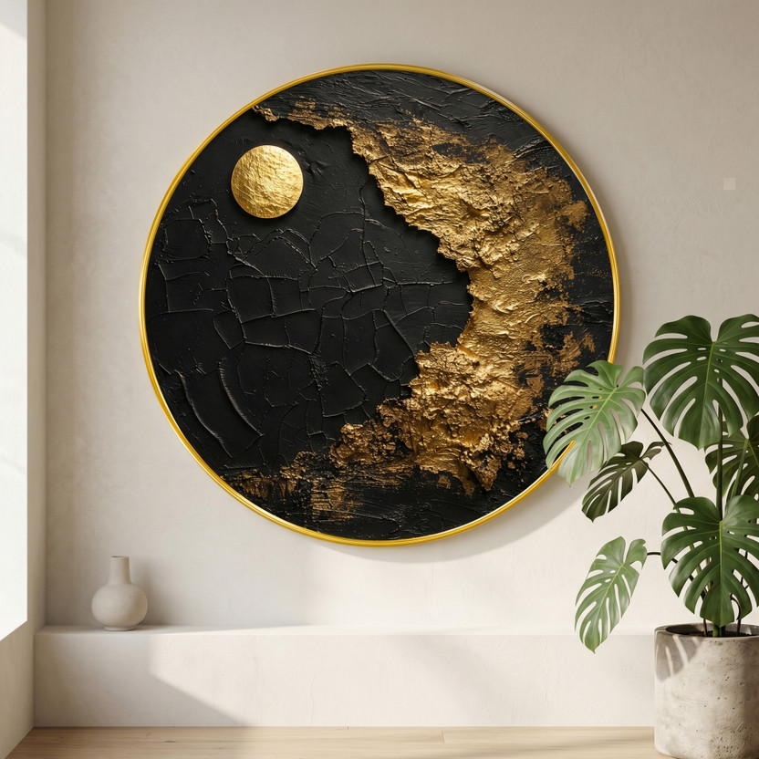 saf Black Gold Abstract Moon Wall Painting PVC Frame Luxury Home Decor(16 inch X 16 inch, Multicolor)