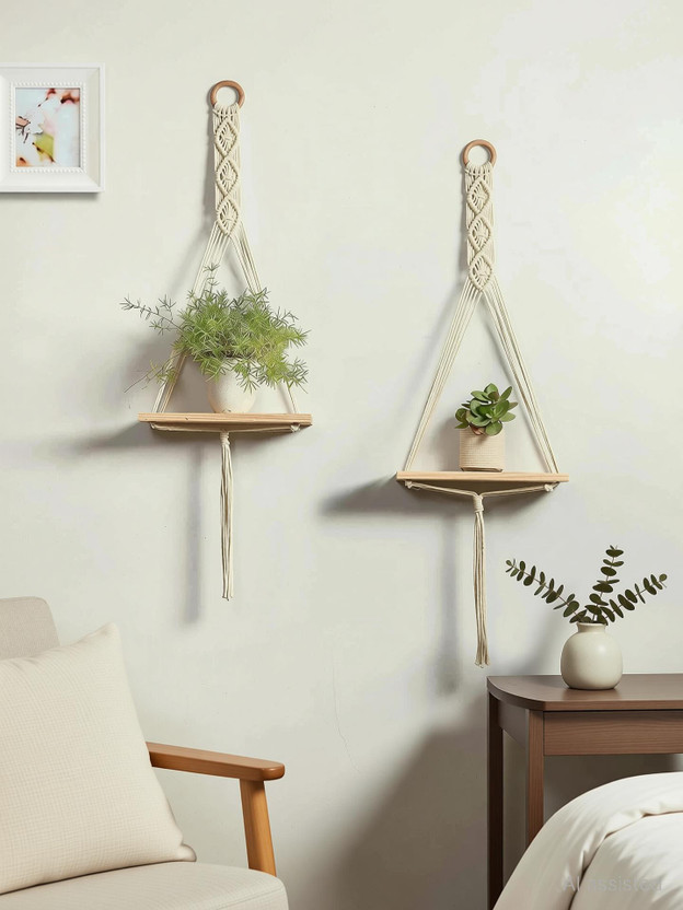 GULLAK Macrame Wall Hanging Shelf for Home Decor Item Pack of 2(38.1 cm X 20 cm, White)