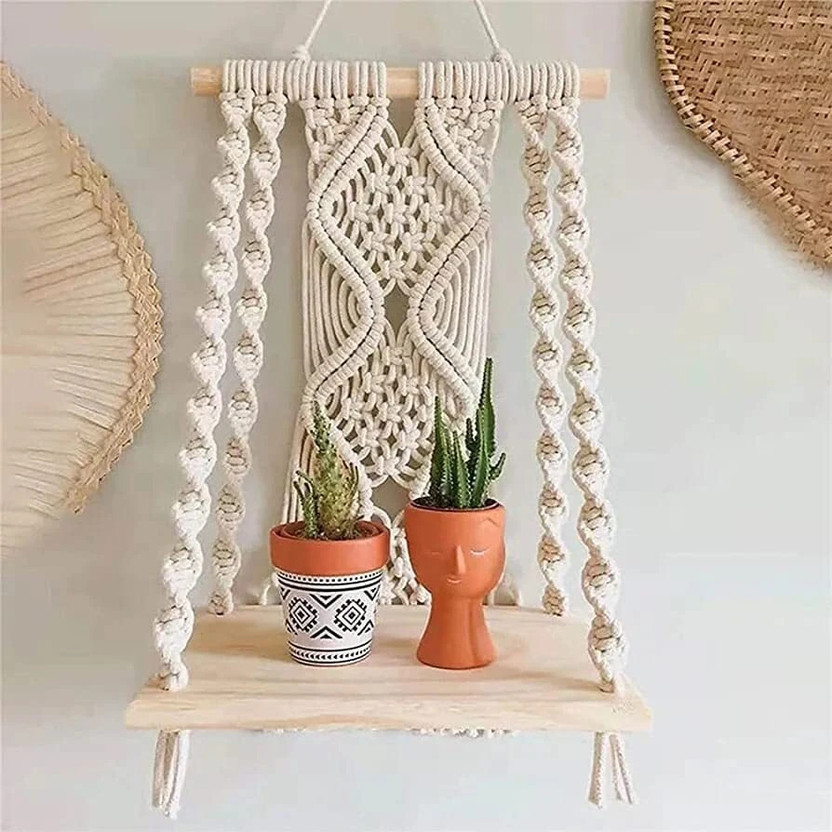 Yumna Creation Macrame Wall Hanging Plant Decor Shelf Indoor Outdoor Floating Wood shelve(White)