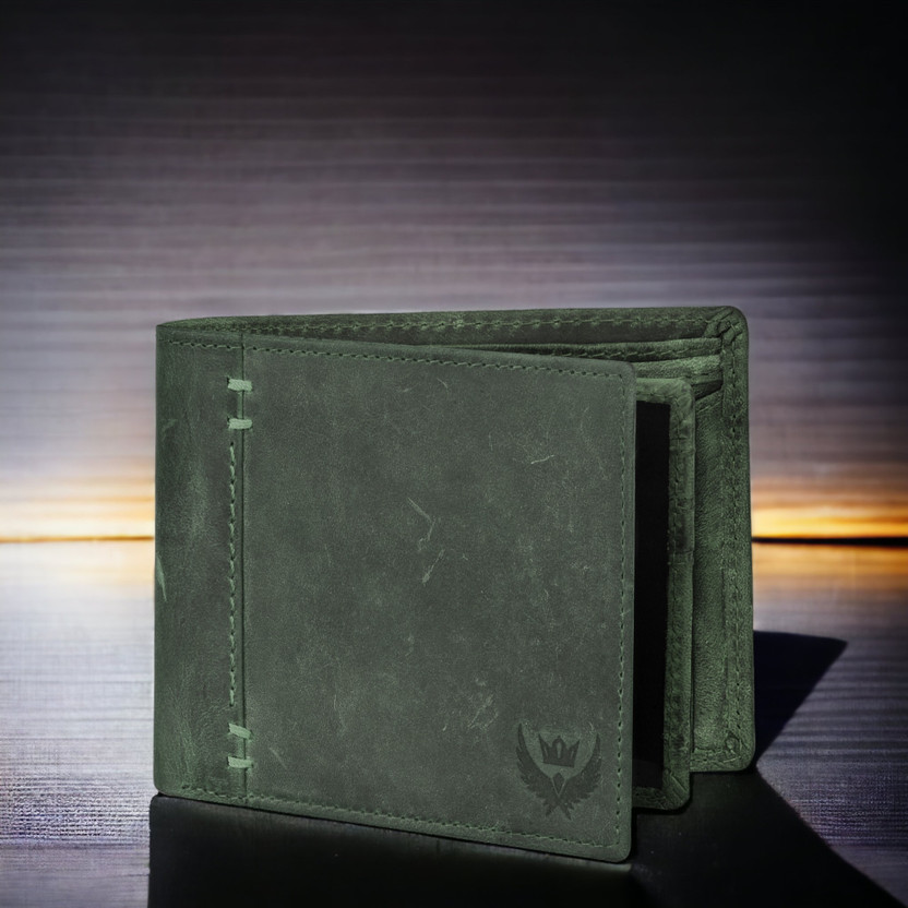 LORENZ Men Casual Green Genuine Leather Wallet(6 Card Slots)