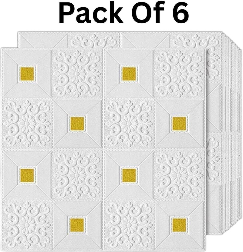 Priyanshi 77 cm x 70 cm Waterproof Decorative Vinyl Wallpaper(White, Gold, Pack of 6)