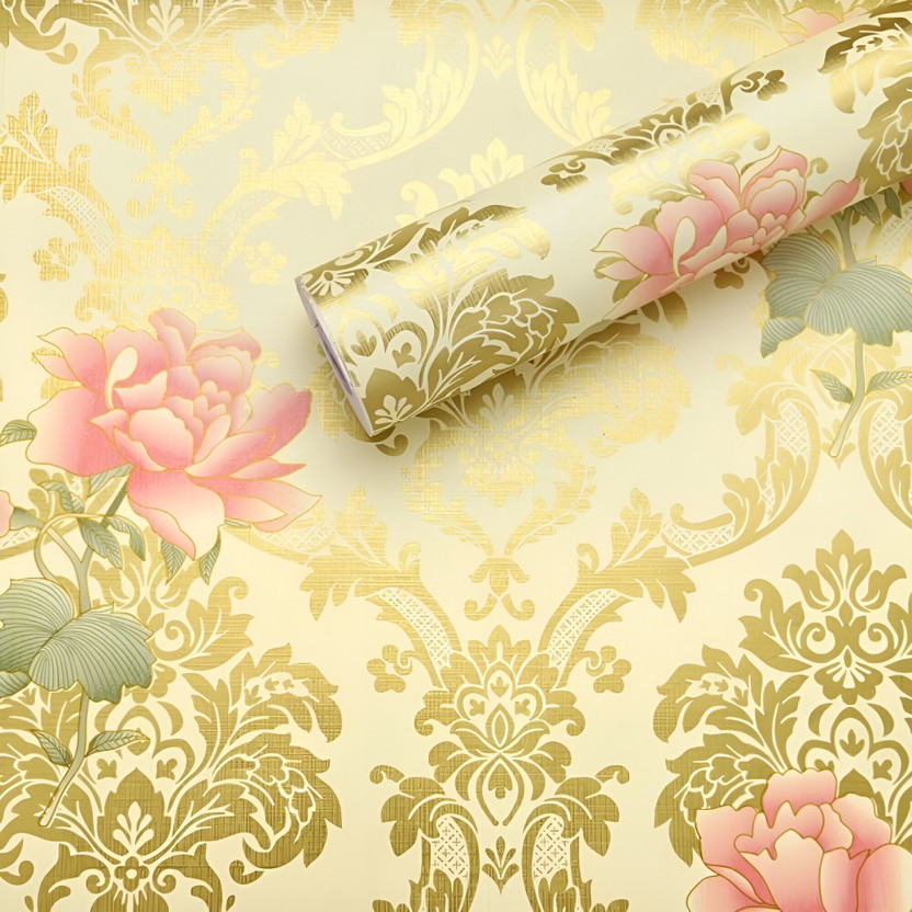 HOMEMATES 304.8 cm x 45 cm Waterproof Floral & Botanical Vinyl Wallpaper(Gold)