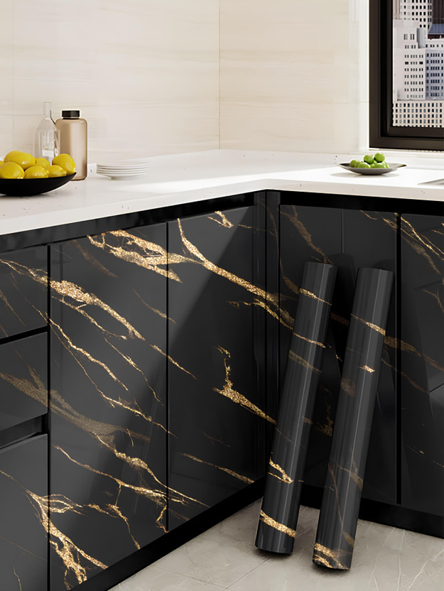 Peijinsart 200 cm x 60 cm Waterproof Decorative Vinyl Wallpaper(Black, Gold, Pack of 2)