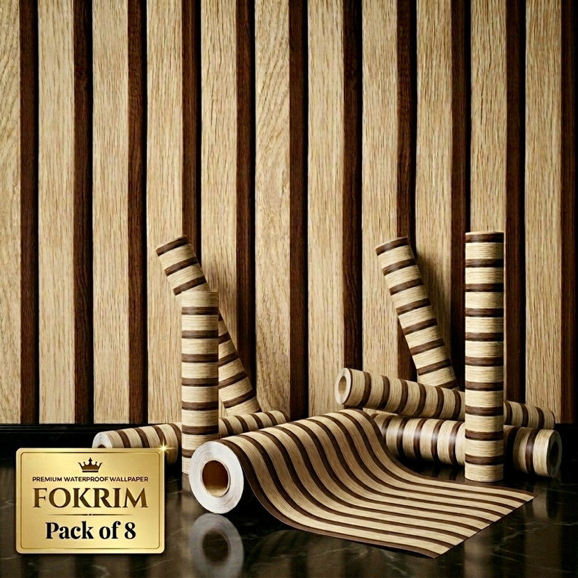 FOKRIM 300 cm x 45 cm Waterproof Decorative Vinyl Wallpaper(Brown, Pack of 8)