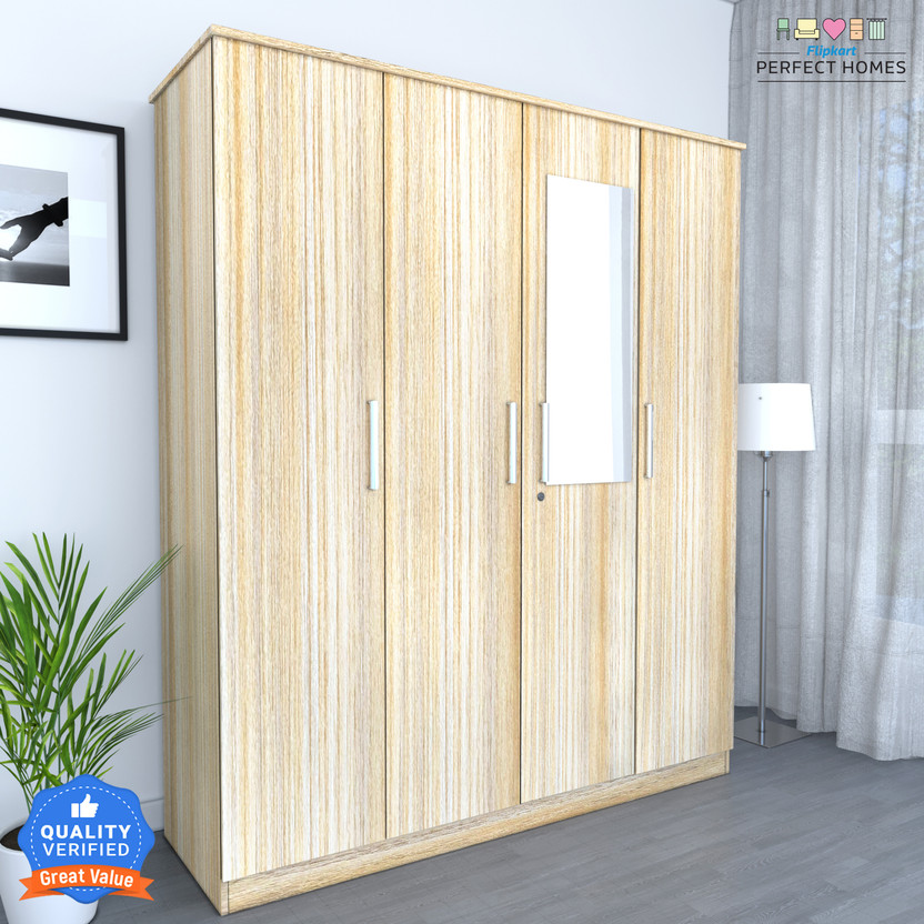 Flipkart Perfect Homes Julian Engineered Wood 4 Door Wardrobe(Finish Color - Melamine Vogue French Oak GL SIB, Mirror Included, Knock Down)